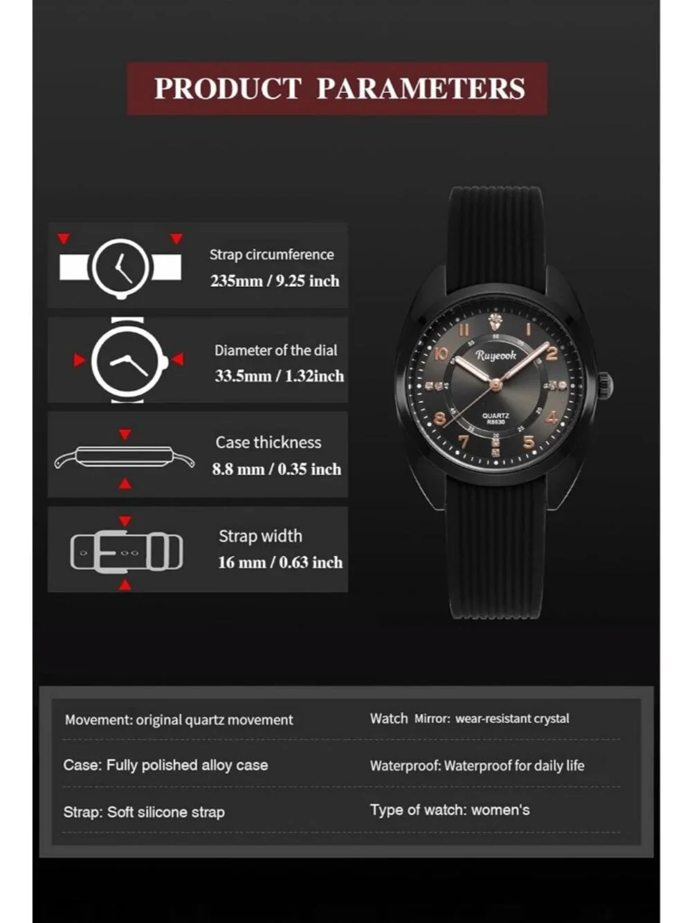 Women's Black Analog Quartz Elegant Silicone Band Waterproof Nurse Wrist Watch
